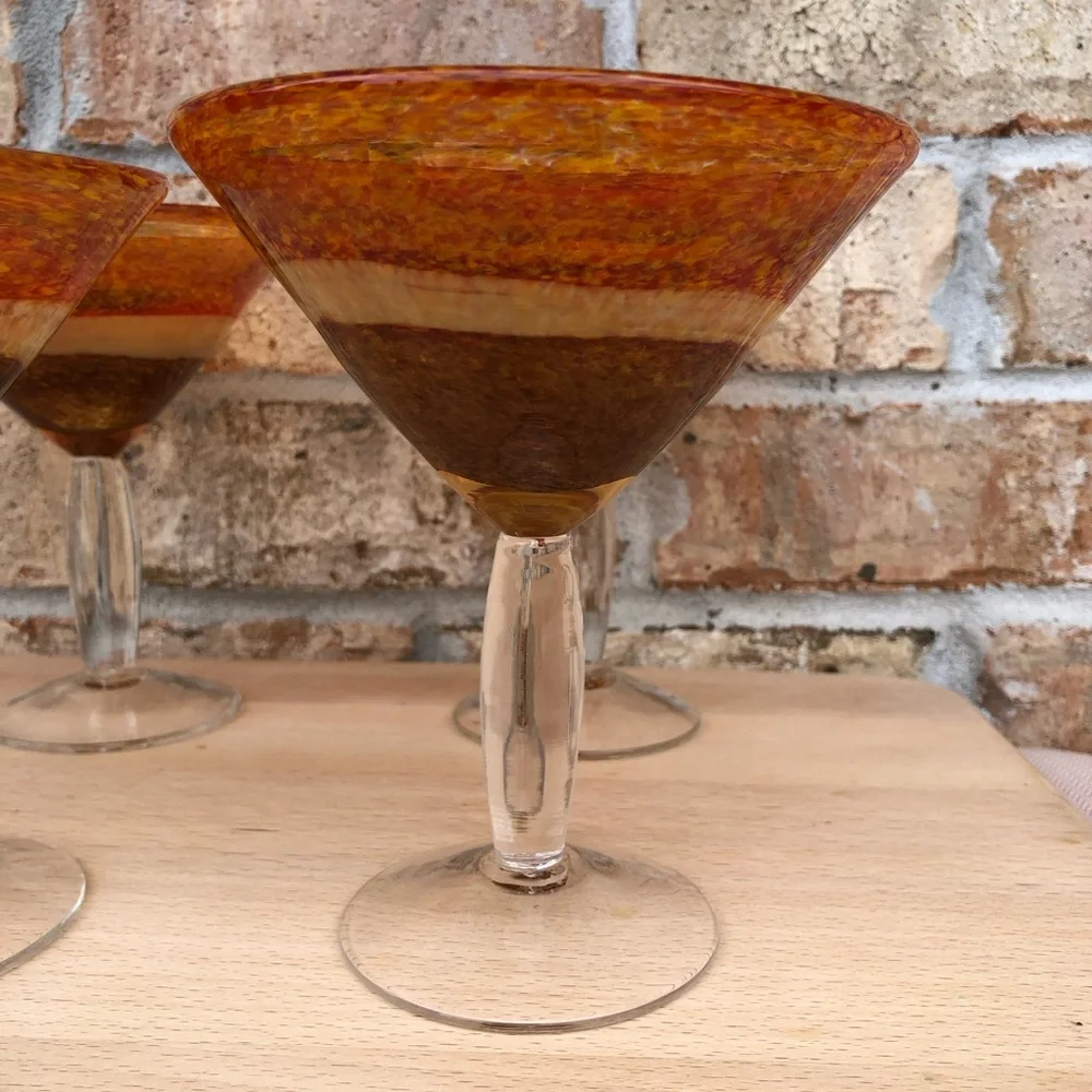 Set Of Four Vintage Hand Blown Glass Orange Brown Heavy Martini Glasses